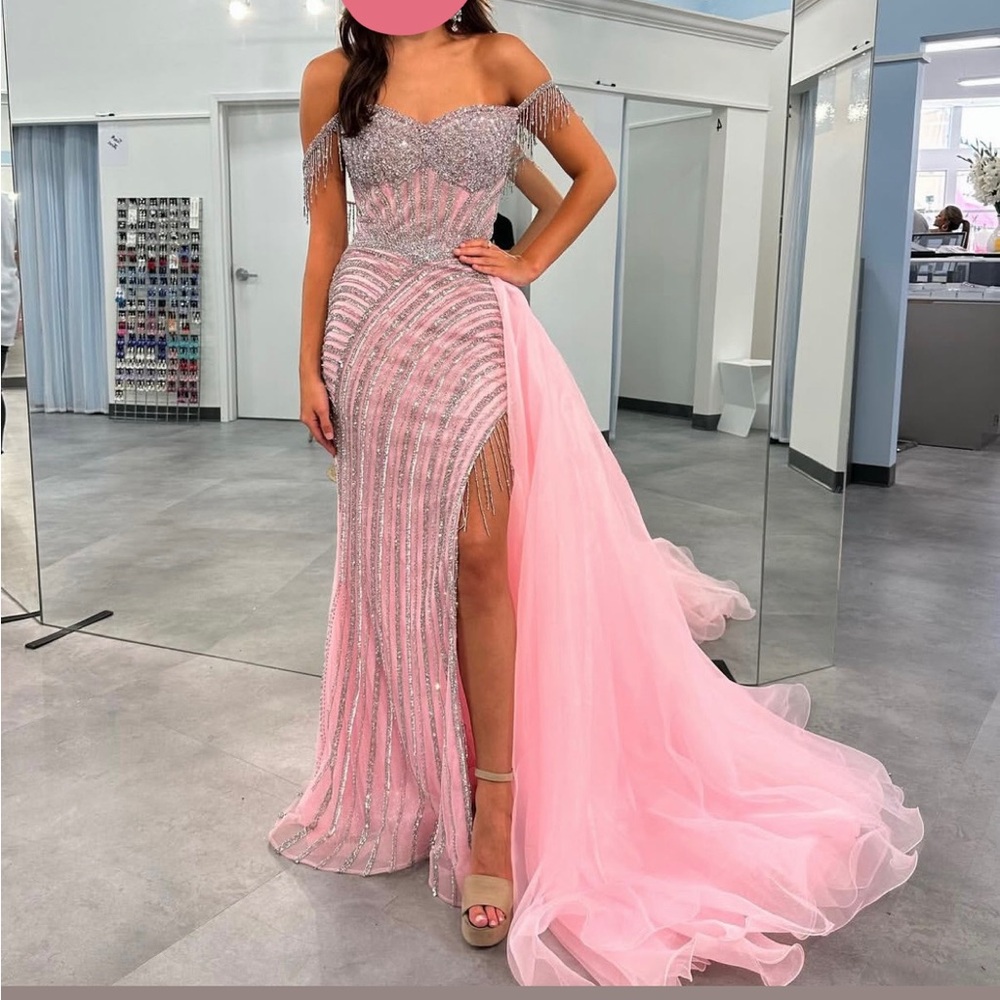 Portia and Scarlett Pink Beaded Off-Shoulder Pageant Gown
